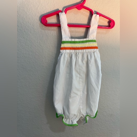 Vintage 1980s Unisex Baby Sz 24M Bubble Romper White Orange Green Cotton Poly - Picture 1 of 3